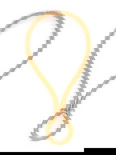 BICOLOR GOLD AND DIAMOND NECKLACE: BICOLOR GOLD AND DIAMOND NECKLACE Rose gold tubogas chain measuring approximately 8.00 mm wide with bicolor gold slide charm set with round brilliant and transitional cut diamonds. 16 1/2 inches