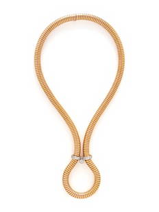 BICOLOR GOLD AND DIAMOND NECKLACE: BICOLOR GOLD AND DIAMOND NECKLACE Rose gold tubogas chain measuring approximately 8.00 mm wide with bicolor gold slide charm set with round brilliant and transitional cut diamonds. 16 1/2 inches