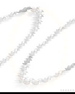 SOUTH SEA BAROQUE CULTURED PEARL AND DIAMOND NECKLACE: SOUTH SEA BAROQUE CULTURED PEARL AND DIAMOND NECKLACE Baroque cultured pearls measuring approximately 12.00-14.70 mm, strung and knotted with pave diamond beads and clasp in similar free-form shapes.