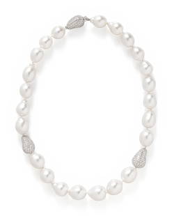 SOUTH SEA BAROQUE CULTURED PEARL AND DIAMOND NECKLACE: SOUTH SEA BAROQUE CULTURED PEARL AND DIAMOND NECKLACE Baroque cultured pearls measuring approximately 12.00-14.70 mm, strung and knotted with pave diamond beads and clasp in similar free-form shapes.