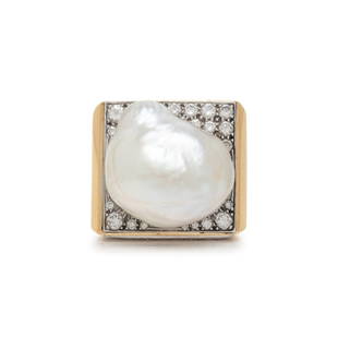 DAVID WEBB, BAROQUE CULTURED PEARL AND DIAMOND RING: DAVID WEBB, BAROQUE CULTURED PEARL AND DIAMOND RING Baroque cultured pearl measuring approximately 20.00 mm, round brilliant cut diamonds. Yellow gold and platinum. Ring size 6. Stamp: WEBB PLAT 18K.