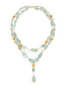 YELLOW GOLD, AQUAMARINE AND CULTURED BAROQUE PEARL NECKLACE: YELLOW GOLD, AQUAMARINE AND CULTURED BAROQUE PEARL NECKLACE Double-strand tumbled aquamarine beads interspersed with cultured baroque pearls and yellow gold repousse beads. 19 1/2 inches long. Gross