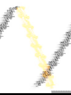 YELLOW GOLD, PLATINUM AND DIAMOND BRACELET: YELLOW GOLD, PLATINUM AND DIAMOND BRACELET Fancy links measuring approximately 10.00-20.00 mm, with round brilliant cut diamonds weighing approximately 1.25 carats total. 7 1/4 inches long. Stamp: