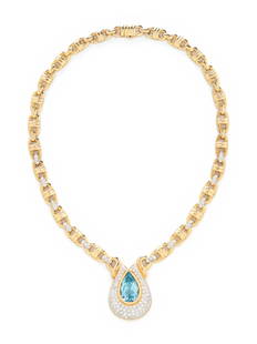 BICOLOR GOLD, BLUE TOPAZ AND DIAMOND NECKLACE: BICOLOR GOLD, BLUE TOPAZ AND DIAMOND NECKLACE Pear shaped blue topaz measuring approximately 19.30 x 12.15 x 9.00 mm and round brilliant cut diamonds weighing approximately 2.90 carats total. 16