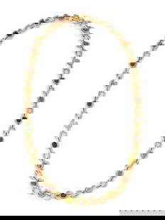 YELLOW GOLD AND MULTIGEM CONVERTIBLE NECKLACE: YELLOW GOLD AND MULTIGEM CONVERTIBLE NECKLACE Fancy links measuring approximately 14.00 mm set with oval mixed cut gemstones including tourmaline, amethyst, citrine, garnet, peridot, iolite, and blue