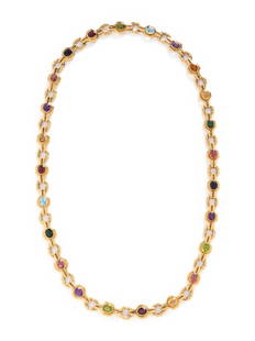 YELLOW GOLD AND MULTIGEM CONVERTIBLE NECKLACE: YELLOW GOLD AND MULTIGEM CONVERTIBLE NECKLACE Fancy links measuring approximately 14.00 mm set with oval mixed cut gemstones including tourmaline, amethyst, citrine, garnet, peridot, iolite, and blue