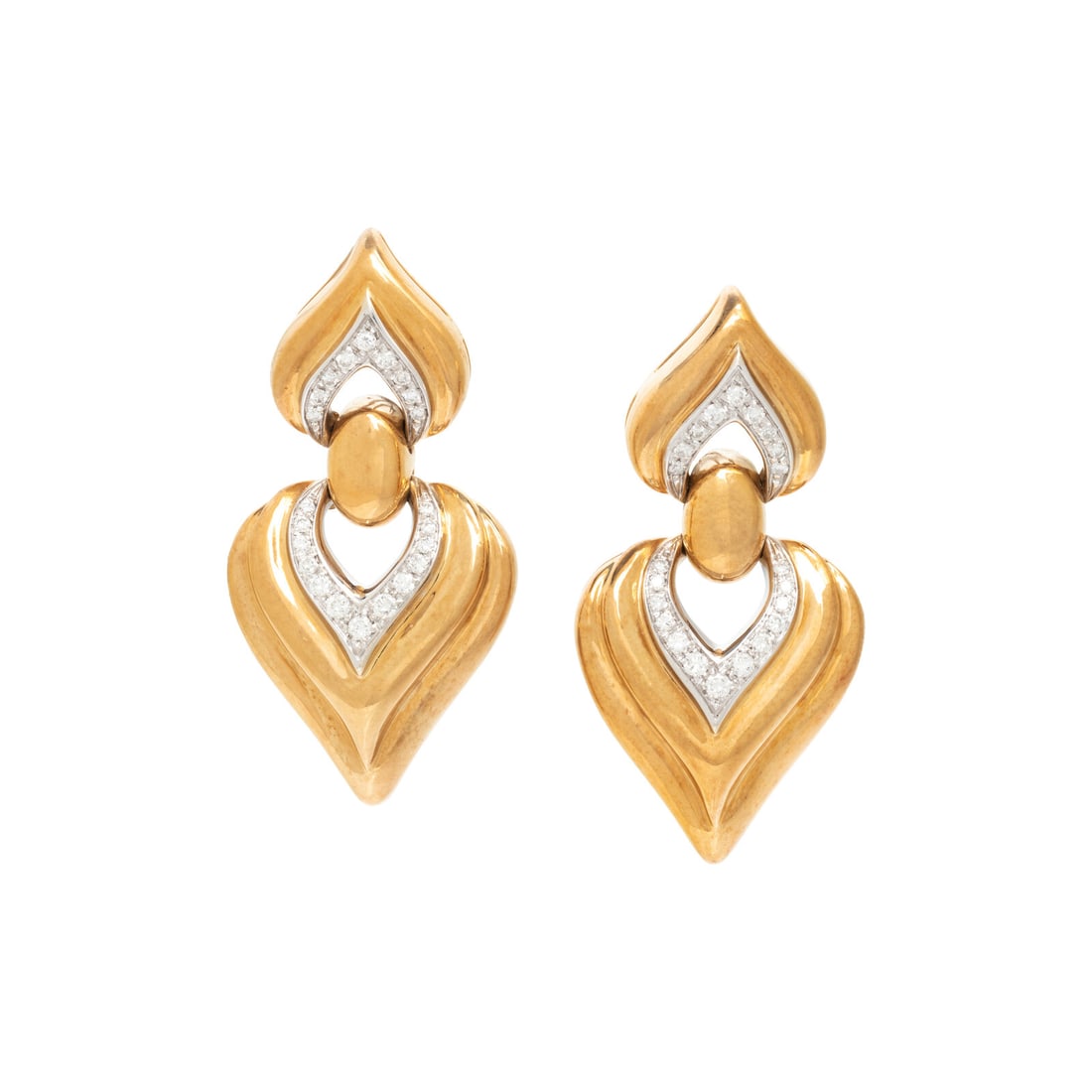 BICOLOR GOLD AND DIAMOND EARCLIPS: BICOLOR GOLD AND DIAMOND EARCLIPS Round brilliant cut diamonds. 18 karat bicolor gold. 2 inches long. Stamp: 750 (maker's mark). Gross weight: 22.60 dwt.