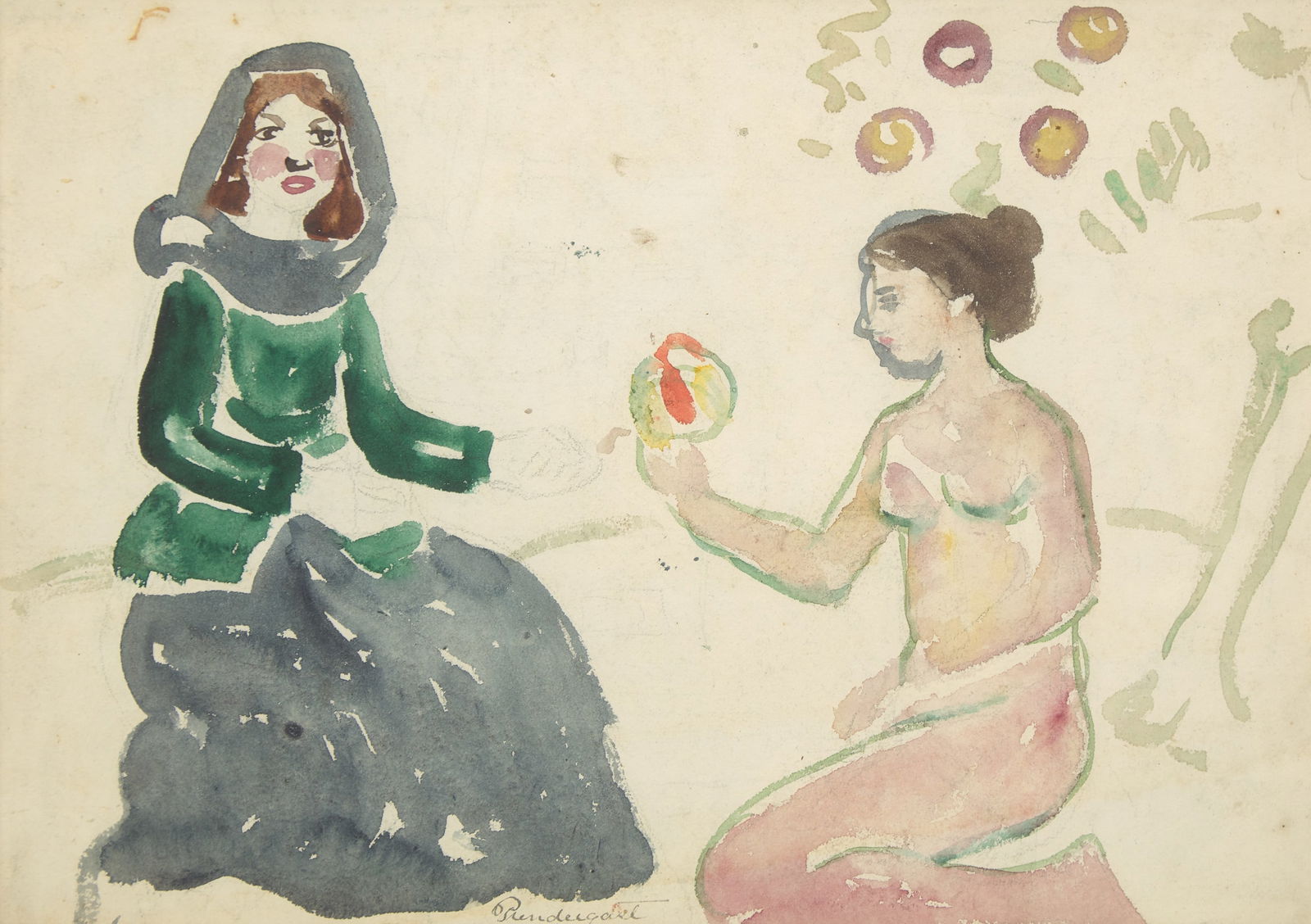 Maurice Prendergast (American, 1858-1924) - Two Girls with Fruit; With Long Wharf verso (A (1 of 4)