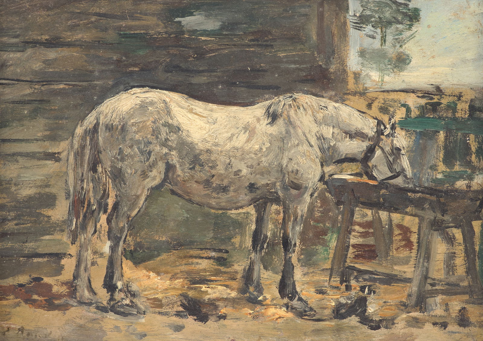 Eugene Boudin (French, 1824-1898) - Cheval Blanc à L'Abreuvoir: Eugene Boudin (French, 1824-1898) - Cheval Blanc à L'Abreuvoir Faintly signed ‘E. Boudin’ bottom left, oil on panel 6 ¼ x 8 ¾ in. (15.9 x 22.2cm) Executed circa 1885-1890. P