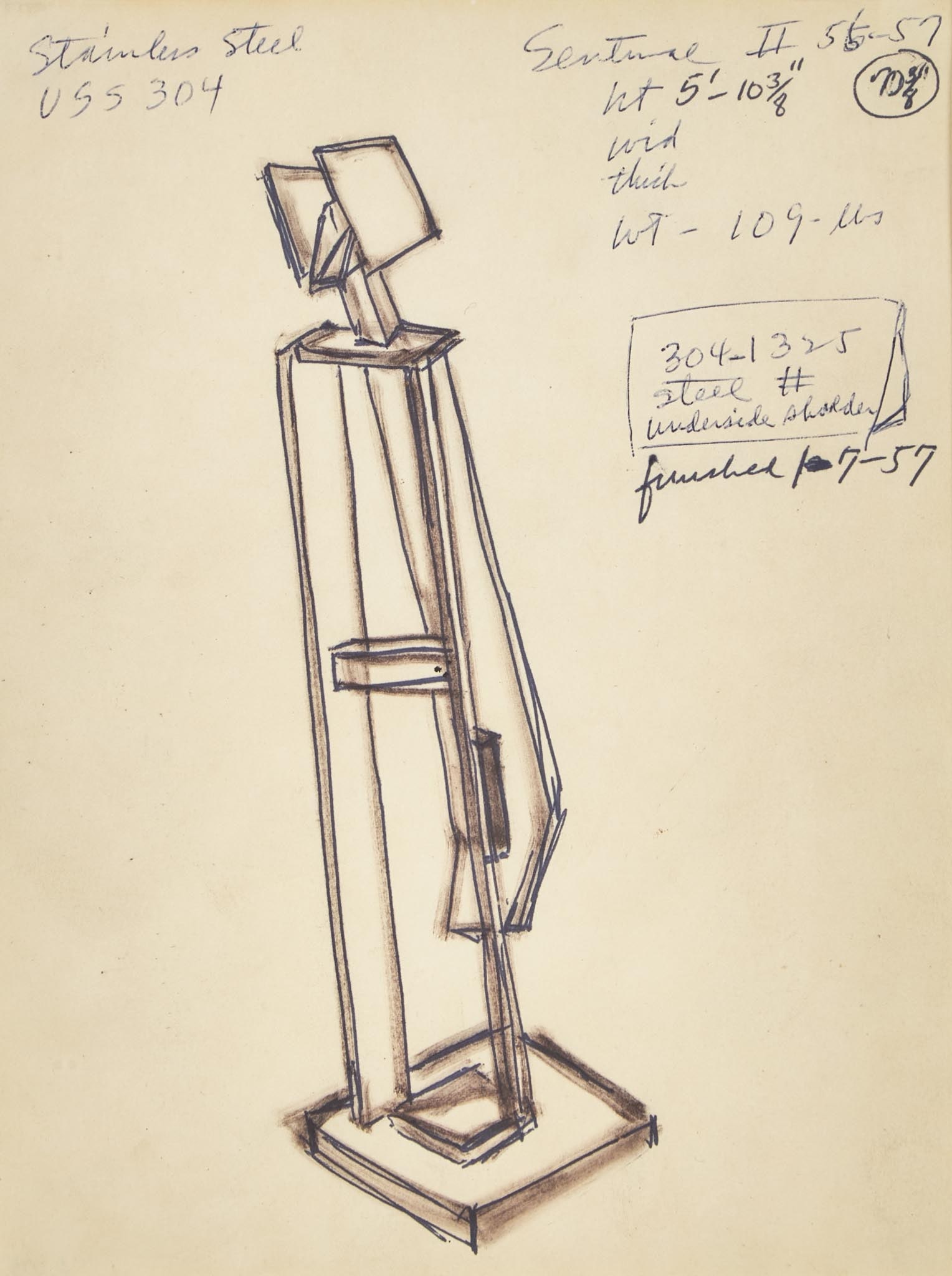 David Smith (American, 1906-1965) - Sentinel II (Study for Sculpture): David Smith (American, 1906-1965) - Sentinel II (Study for Sculpture) Titled, dated ‘56-57’ and inscribed with specifications at upper right, ink on paper Sheet size: 10 5/8 x 8 3/8 in. (2