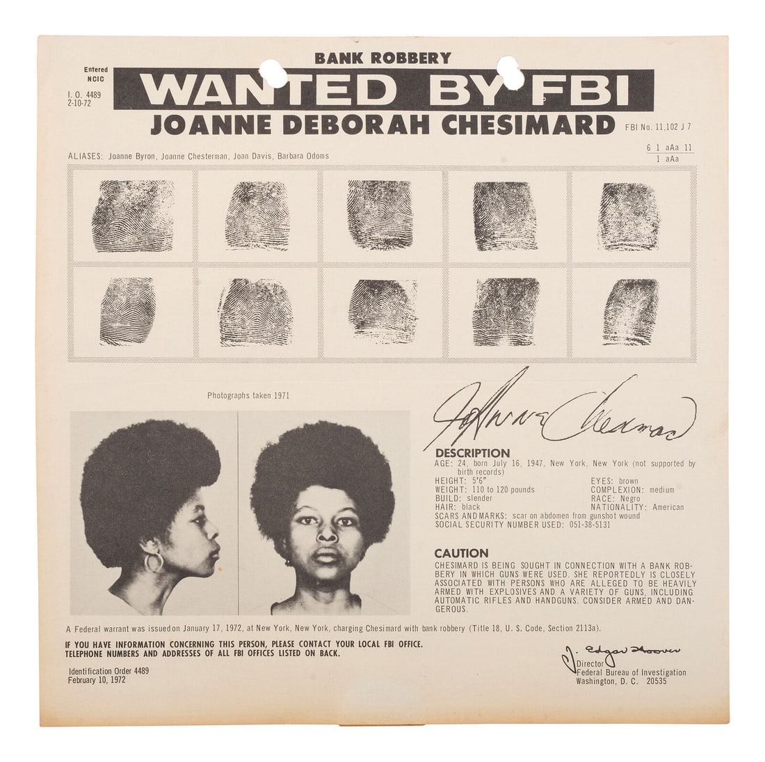 [CRIME & PUNISHMENT]. SHAKUR, ASSATA (b. 1947). Wanted by FBI / Joanne Deborah Chesimard. (1 of 2)