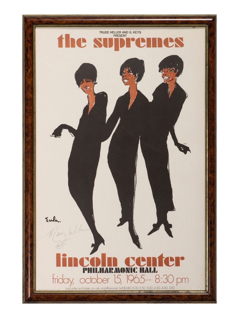 [MUSIC]. EULA, Joe, artist. The Supremes. Lincoln Center Philharmonic Hall. Friday, October 15,: [MUSIC]. EULA, Joe, artist. The Supremes. Lincoln Center Philharmonic Hall. Friday, October 15, 1965. Signed by Mary WILSON (1944-2021). New York: Distributed by Darien House Inc., 1965. 24 x 37 1/2 i