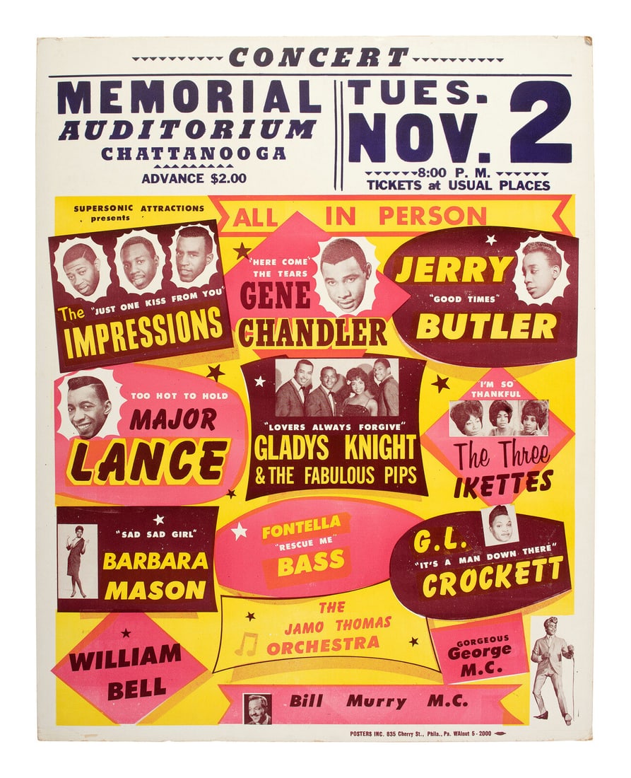 [MUSIC]. Poster promoting The Impressions, Gene Chandler, Jerry Butler, Gladys Knight & The Fabulous (1 of 2)