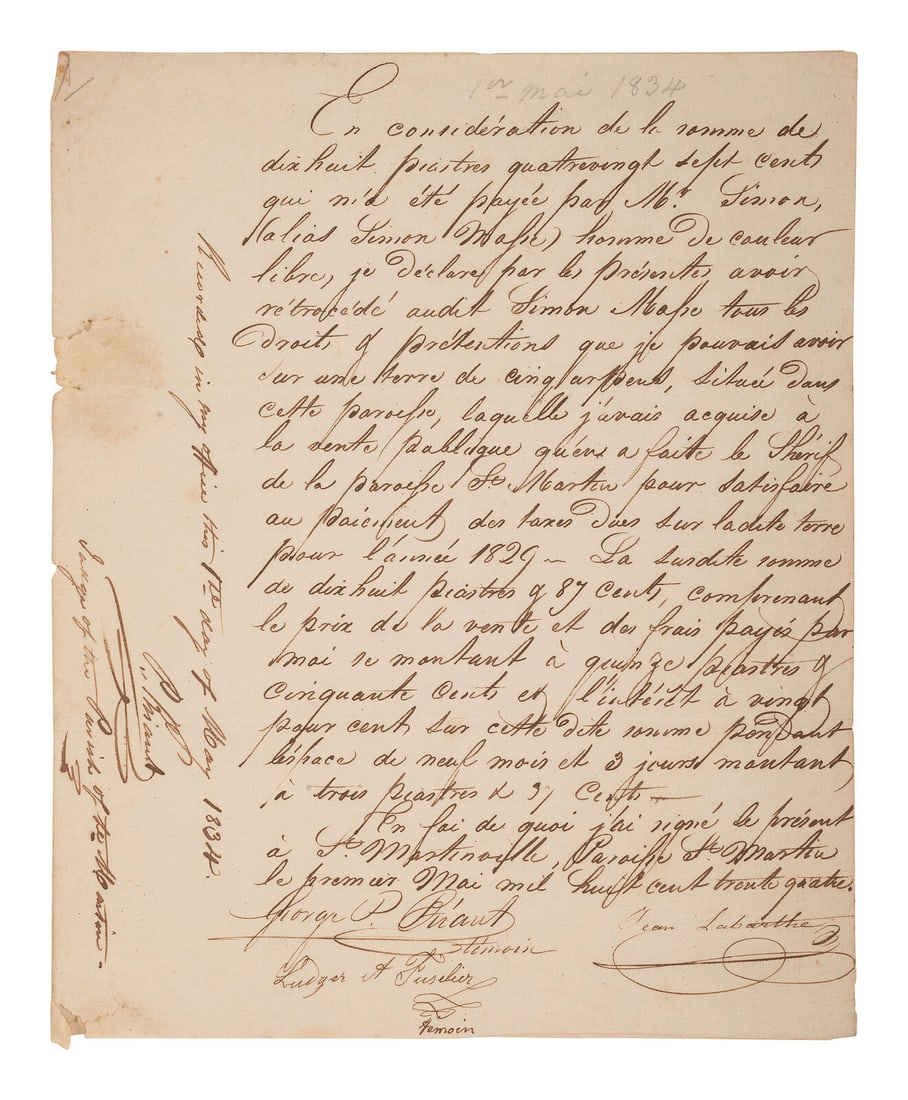 [LOUISIANA]. Manuscript document related to "Mr. Simon," a "homme de couleur libre," or (1 of 2)