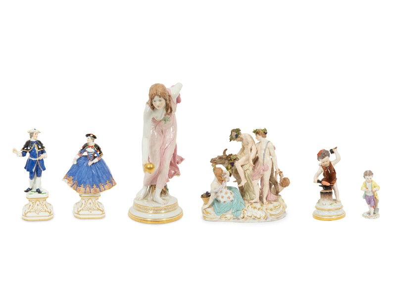A Group of Six Meissen Porcelain Figures, including Woman with Golden Ball by Walter Schott : A Group of Six Meissen Porcelain Figures, including Woman with Golden Ball by Walter Schott 19th/20th Century Comprising Kugelspielrin (Woman with Golden Ball), a bacc