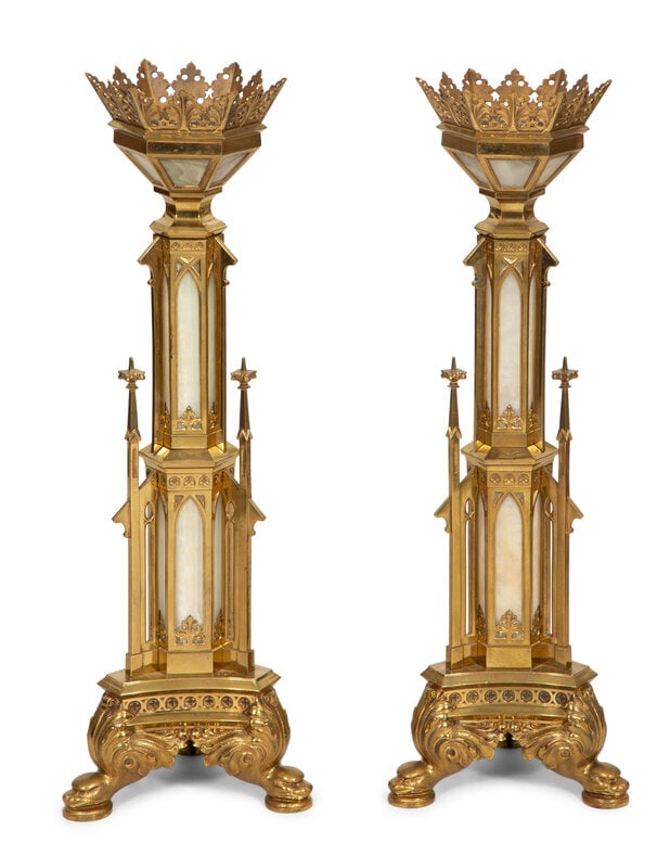 A Pair of Gothic Style Brass and Inset Glass Candlesticks (1 of 5)