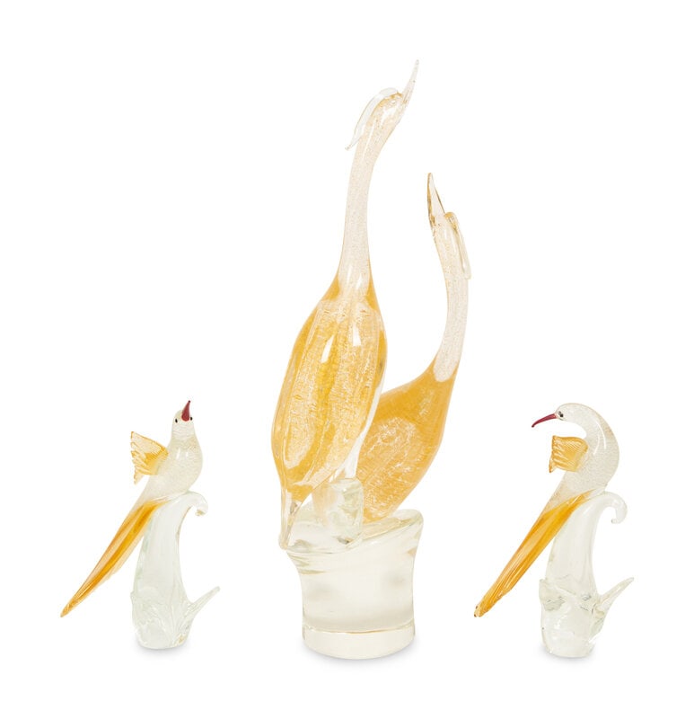 A Murano Glass Standing Bird Figural Group and a Pair of Bird Sculptures (1 of 6)