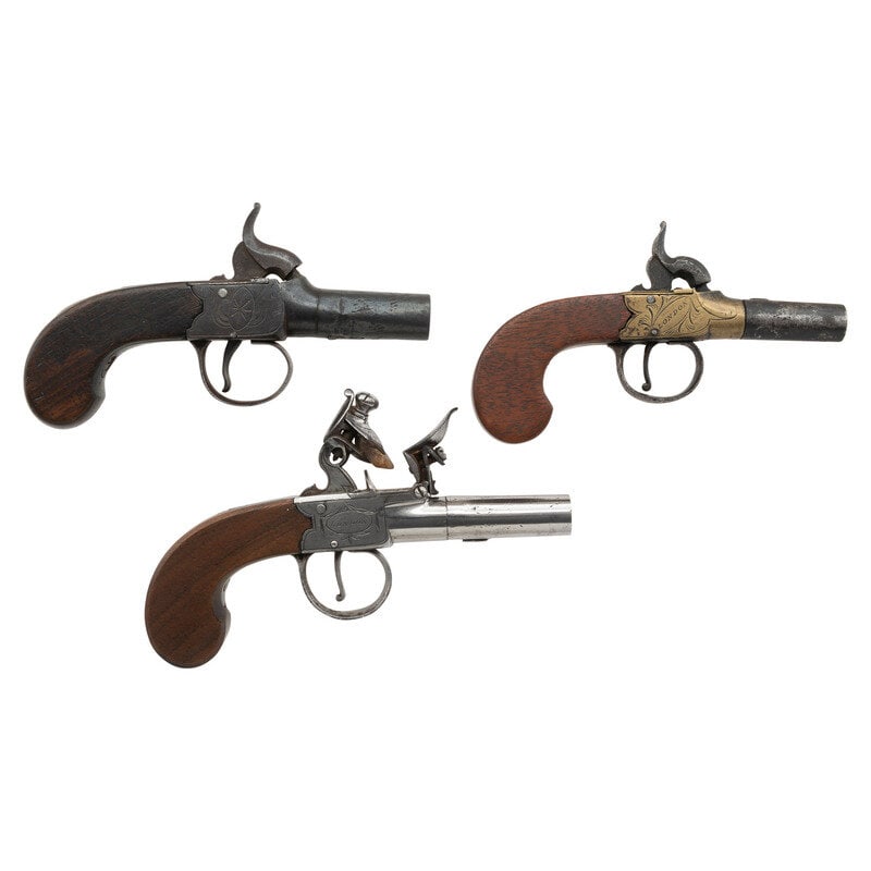 Lot of Three English Turn-Off Pistols: Lot of Three English Turn-Off Pistols 1.) About .47 caliber. 1.75" barrel length. SN: NSN. Brown patinated finish overall with smooth walnut bag-shaped grips and light border engraved embellishments t