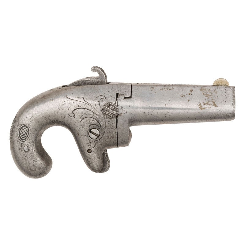 Colt No. 1 Derringer: Colt No. 1 Derringer .41 RF. 2.5" barrel length. SN: 4674. Bare steel finish, possibly buffed at some point. Steel grip has three sections of checkering. Single shot derringer pistol with hammer notch