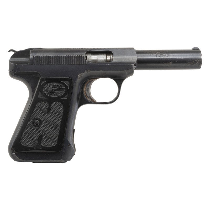 **Savage Model 1917: **Savage Model 1917 .380 ACP. 4.25" barrel length. SN: 18496B. Blue metal finish overall with casehardened trigger mounting two-piece checkered hard rubber grips with {Savage Logo} and retained by a s