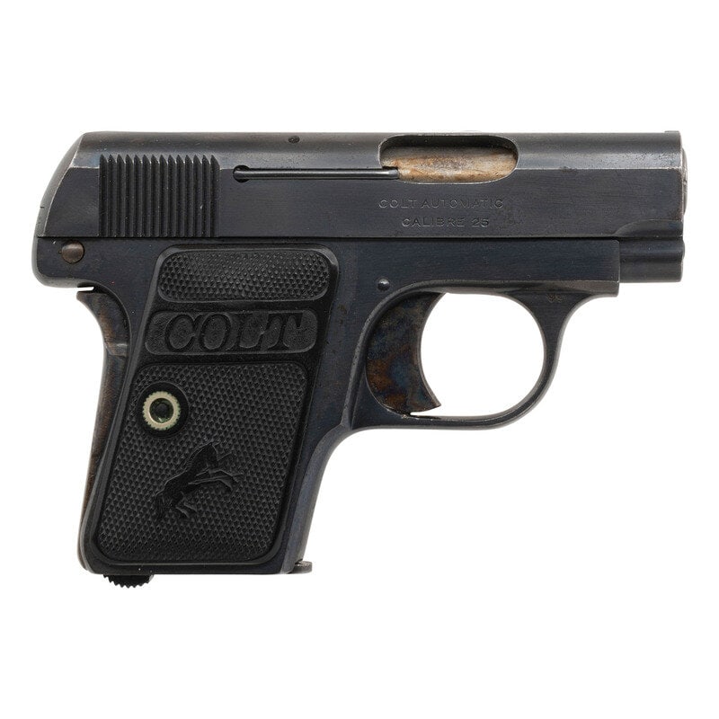 **Colt Model 1908 Vest Pocket: **Colt Model 1908 Vest Pocket .25 ACP. 2" barrel length. SN: 297718. Blued metal finish overall with casehardened small parts and mounting black hardrubber COLT marked grips with {Rampant Colt} log