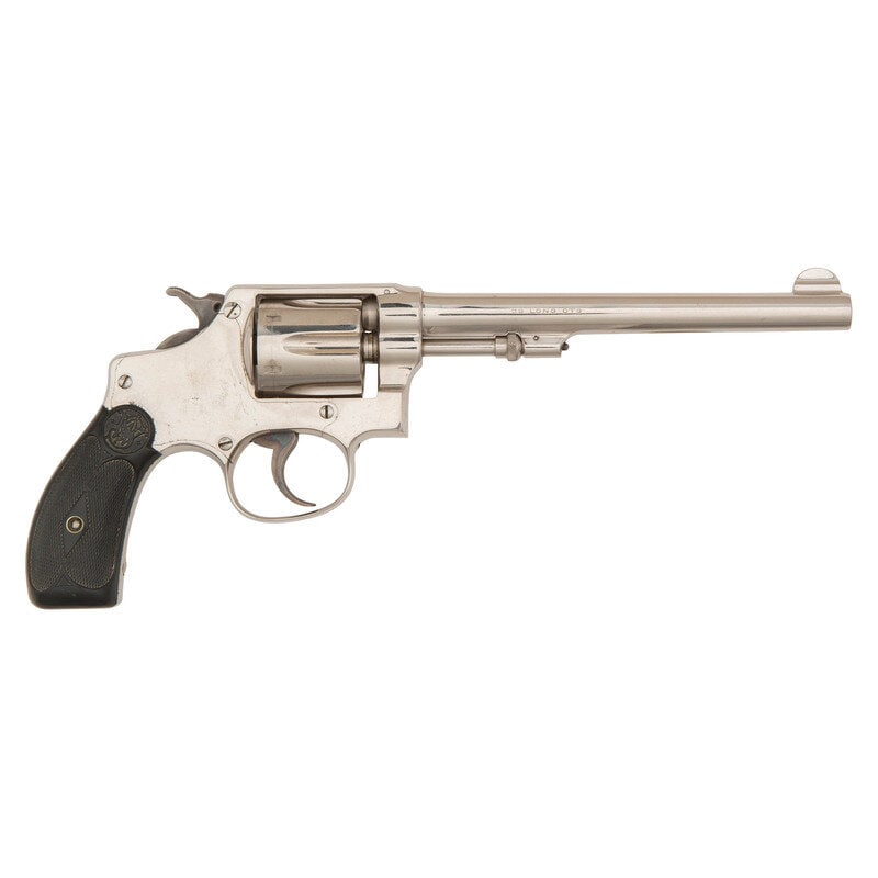 **Smith & Wesson .32 Hand Ejector Third Model: **Smith & Wesson .32 Hand Ejector Third Model .32 S&W Long. 6" barrel length. SN: 315686. Nickel plated finish overall with casehardened hammer and trigger and mounting Smith & Wesson mono