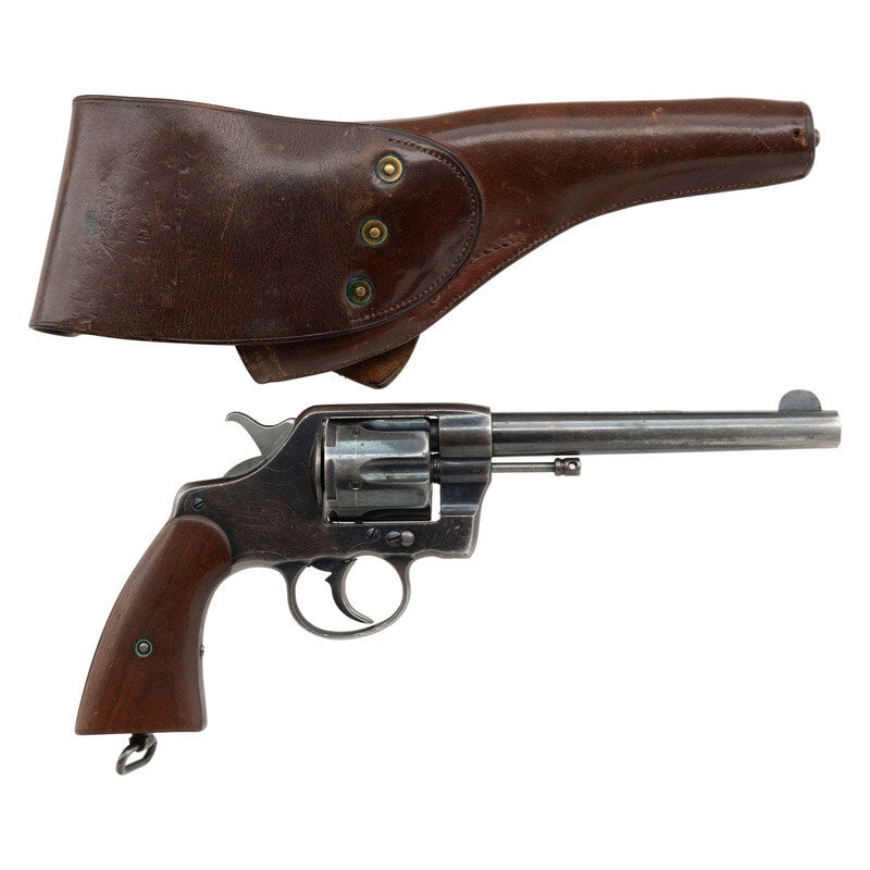** US Model 1903 Colt New Army & Navy Revolver with Holster: ** US Model 1903 Colt New Army & Navy Revolver with Holster .38 Colt. 6" barrel. SN: 206512 (Mfg. ca1903). Blued finish, two-piece smooth walnut grips. Double action revolver with six-chambered sw
