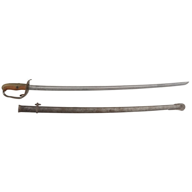 Type 25 Cavalry Sword for NCOs and Soldiers: Type 25 Cavalry Sword for NCOs and Soldiers 30.5" blade length. 36.75" overall with scabbard and hilt. Brass guard with smooth brass backstrap incorporating a knurled latch button, smooth wood grip, a