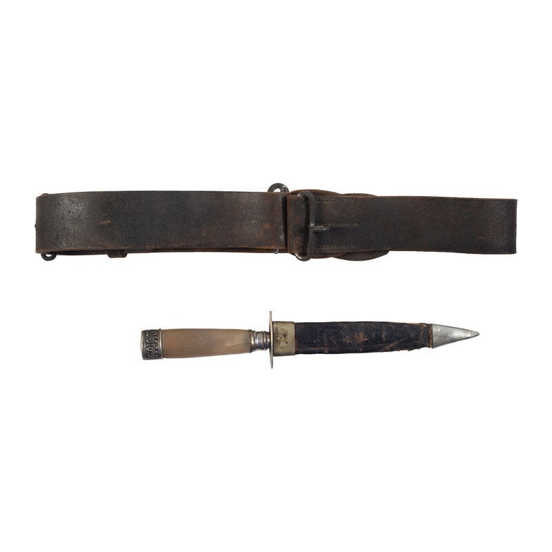 English Snake Buckle Belt and Sheffield Dirk: English Snake Buckle Belt and Sheffield Dirk Boer Wars Adjustable leather belt circa late 19th to early 20th century, 1.75" and currently set for a nominal waist of 32". Made of heavy leather with uni