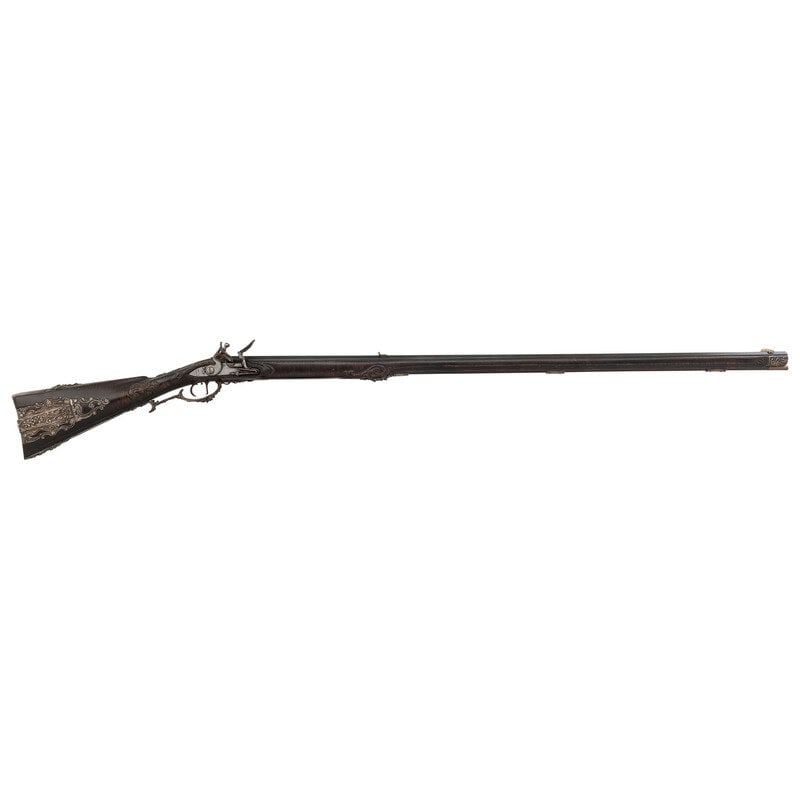 Contemporary '"Lancaster-Style" Fullstock Flintlock Long Rifle: Contemporary '"Lancaster-Style" Fullstock Flintlock Long Rifle John B. Derrick (American, b.1936) .40 caliber. 42" barrel length. SN: NSN. Blued metal finish. Dark and highly figured full maple stock 