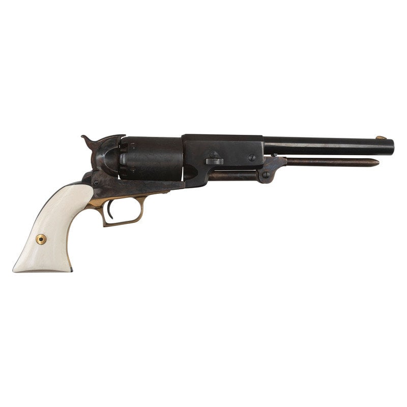 Armi San Marco Texas Ranger Commemorative Walker: Armi San Marco Texas Ranger Commemorative Walker .44 Caliber. 8.75" barrel length. SN: E64512. Blued and Casehardened metal finish with brass triggerguard and mounting imitation Ivory two piece grips.
