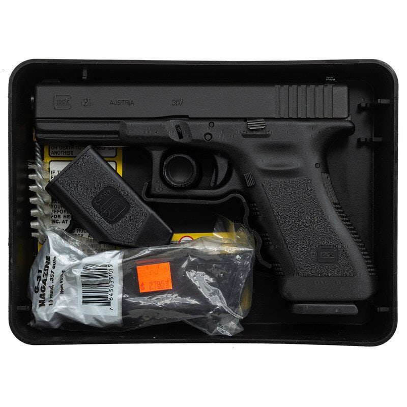 *Glock 31 Gen 3 in Box with Accessories and no magazines: *Glock 31 Gen 3 in Box with Accessories and no magazines .357 Sig. 4.5" barrel length. SN: CSC433US. Black Oxide finish to the slide with black synthetic frame featuring finger grooves and rests, and 