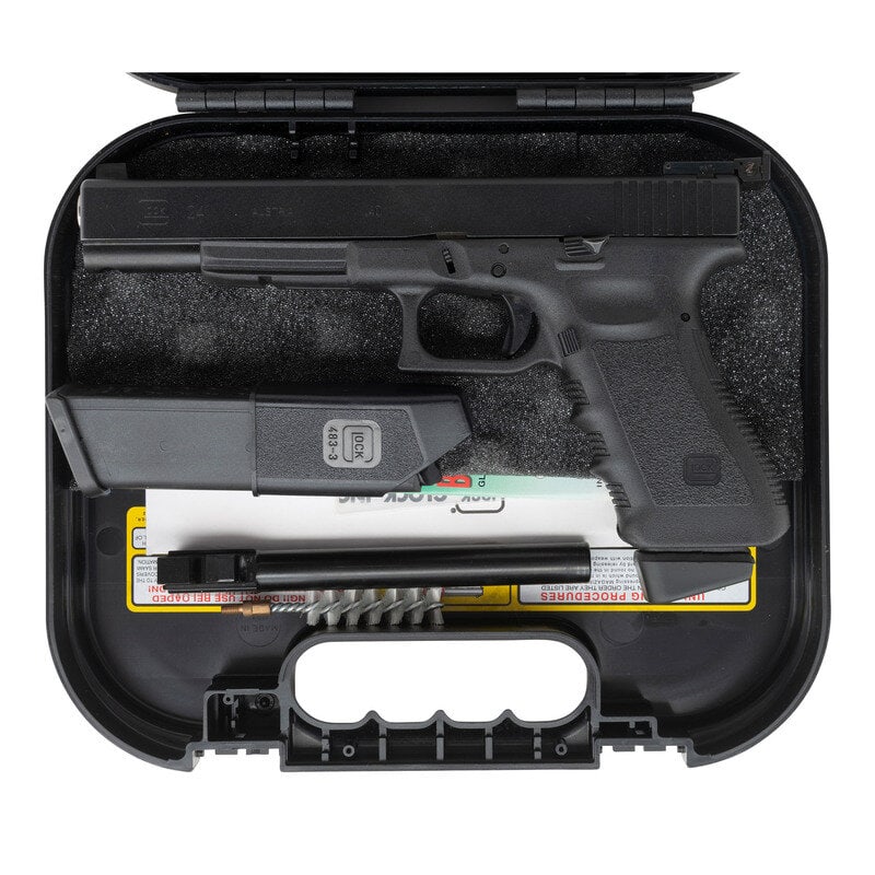 *Glock 24 Gen 3 with KKM .357 Sig Barrel in Box with Accessories: *Glock 24 Gen 3 with KKM .357 Sig Barrel in Box with Accessories .357 Sig. 6" barrel length. SN: HGF422. Black Gen 3 Glock "frying pan" finish with black synthetic frame featuring a mounting rail and 
