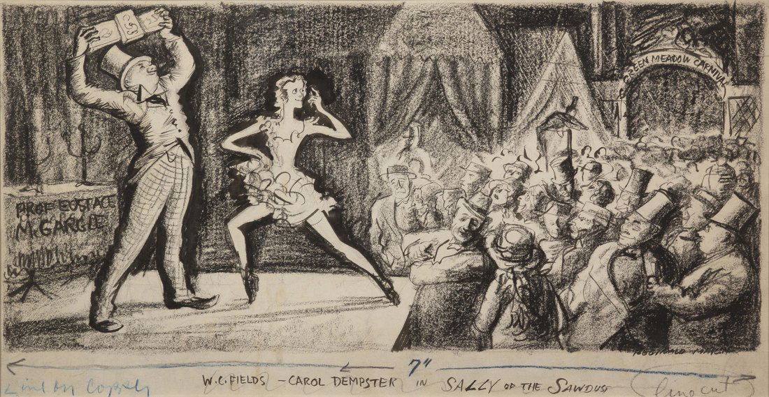 Reginald Marsh, (American, 1898-1954), W.C. Fields a: Reginald Marsh (American, 1898-1954) W.C. Fields and Carol Dempster in Sally of the Sawdust charcoal and ink on paper signed Reginald Marsh (lower right) 10 3/4 x 20 1/4 inches. Prope