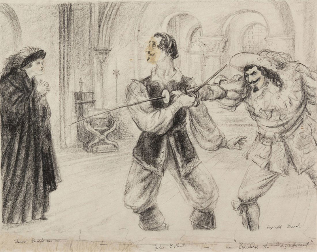 Reginald Marsh, (American, 1898-1954), Eleanor Board: Reginald Marsh (American, 1898-1954) Eleanor Boardman and John Gilbert in Barkleys the Magnificent charcoal on paper signed Reginald Marsh (lower right) 14 x 18 inches. Property from