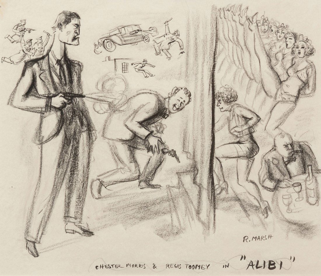 Reginald Marsh, (American, 1898-1954), Chester Morri: Reginald Marsh (American, 1898-1954) Chester Morris & Regis Toomey in 'Alibi' ink and charcoal on paper signed R. Marsh (lower right) 10 1/2 x 12 1/2 inches. Property from the Collect