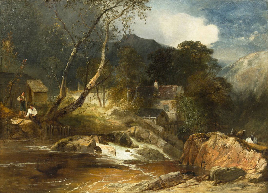 James Baker Pyne, (British, 1800-1870), Boy Fishin: James Baker Pyne (British, 1800-1870) Boy Fishing by a Watermill, 1849 oil on canvas signed JB Pyne, dated and numbered 277 (lower right) 27 3/4 x 38 inches. Provenance: Richar