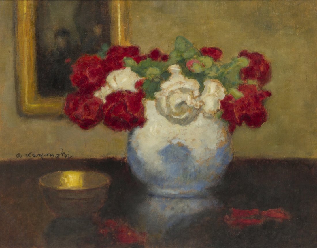 Alfons Karpinski, (Polish, 1875-1961), Still Life: Alfons Karpinski (Polish, 1875-1961) Still Life with Red and White Roses oil on canvas signed A. Karpinski (center left) 16 x 19 1/2 inches.