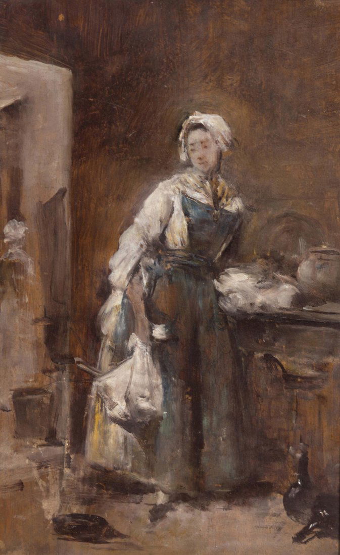 Manner of Jean-Baptiste-Simeon Chardin, (French, 1: Manner of Jean-Baptiste-Simeon Chardin (French, 1699-1779) Study of a House Maid oil on panel 14 1/2 x 9 inches. Property from the Estate of Mr. and Mrs. C. Nicholas Johnson, Jr., Cave Creek, Arizona