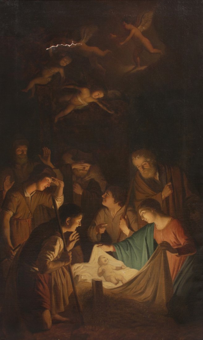 After Gerrit van Honthorst, (Dutch, 1590-1656), Th: After Gerrit van Honthorst (Dutch, 1590-1656) The Adoration of the Shepherds oil on canvas 43 x 25 1/2 inches.