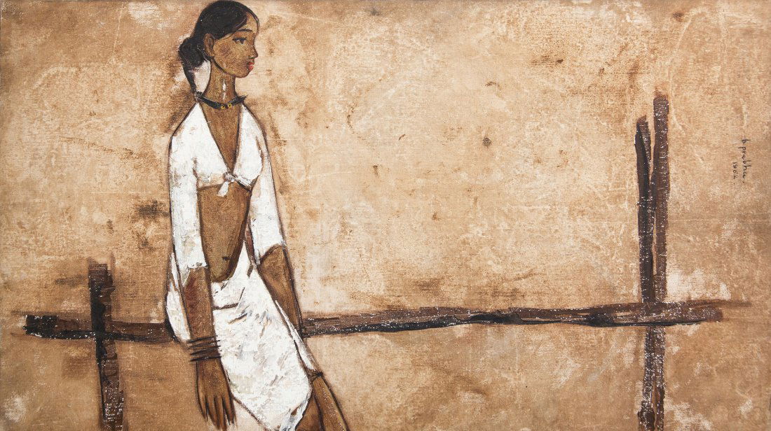 B. Prabha, (Indian, 1933-2001), Untitled (Woman),: B. Prabha (Indian, 1933-2001) Untitled (Woman), 1962 oil on canvas signed B. Prabha and dated (center right) 19 1/2 x 34 3/4 inches. Property from the Collection of Ms. Suzanne V. Dor