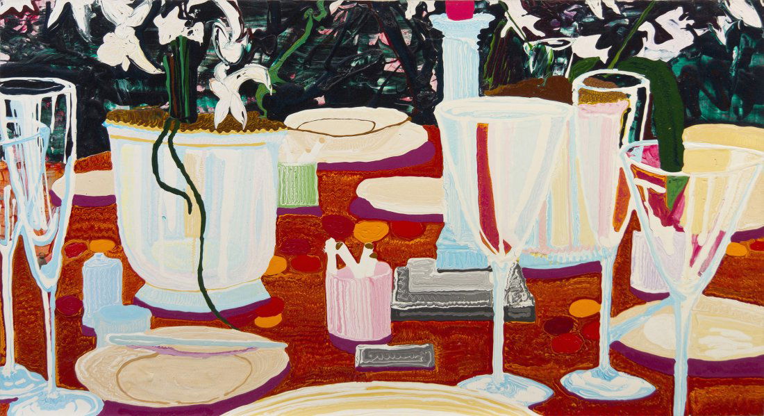 Cham Hendon, (American, b. 1936), Photo Realistic: Cham Hendon (American, b. 1936) Photo Realistic Still Life with Hoaner, 1983 enamel on canvas 36 x 66 inches.