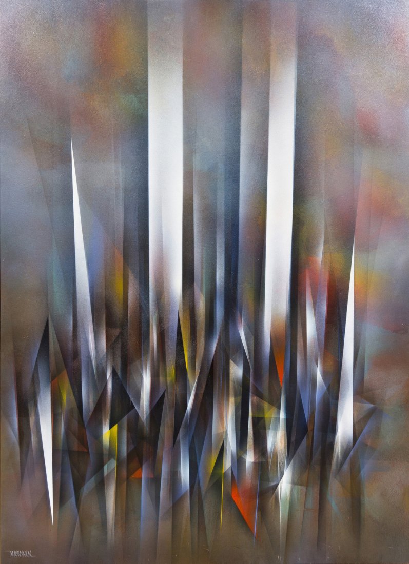 Leonardo Nierman, (Mexican, b. 1932), Ciudad Pris: Leonardo Nierman (Mexican, b. 1932) Ciudad Prismatica oil on masonite signed Nierman (lower left) 48 x 34 3/4 inches.