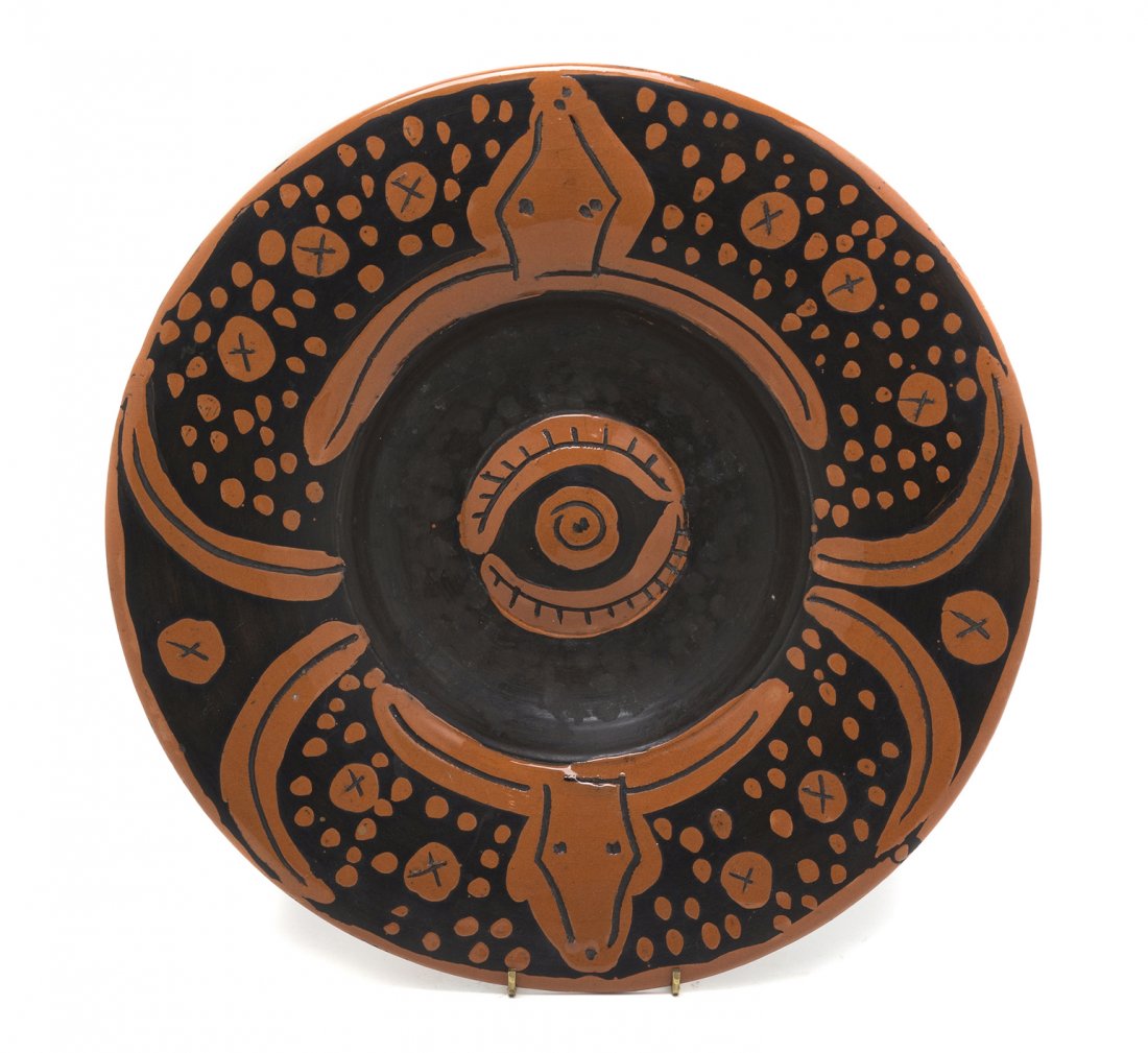 Pablo Picasso, (Spanish, 1881-1973), Plat espagno: Pablo Picasso (Spanish, 1881-1973) Plat espagnol au toros partially glazed ceramic plate edition 11/100, stamped Madoura Edition Picasso Diameter: 15 3/4 inches. Ref: Ramie, 403 P
