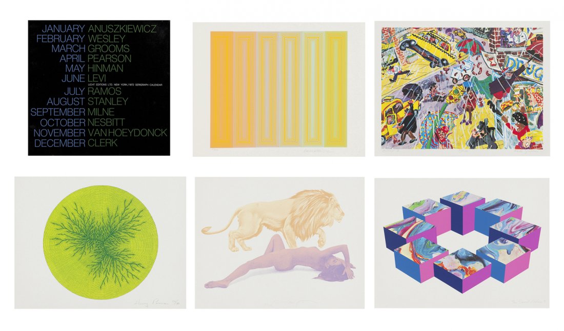 Richard Anuszkiewicz, (American. b. 1930), Pop Ar: Richard Anuszkiewicz (American. b. 1930) Pop Art Calendar, Deluxe Edition, 1972 (a set of 12 silkscreens with text, including works by John Wesley, Red Grooms, Henry Pearson, Charles Hinman, Josef Lev