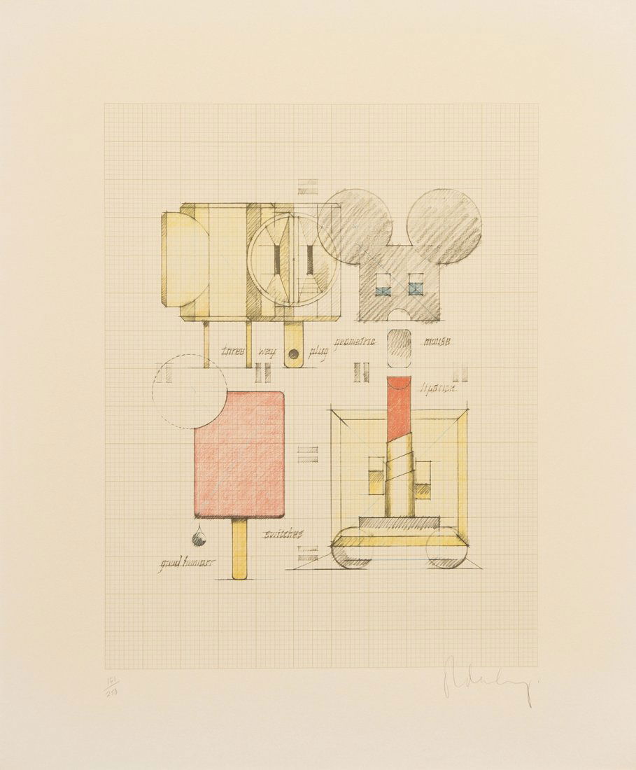 Claes Oldenburg, (American, b. 1929), System of I: Claes Oldenburg (American, b. 1929) System of Iconography - plug, mouse, good humor, lipstick, switches color offset lithograph edition 151/250, signed Oldenburg (lower right) 20 1/4 x 15 1