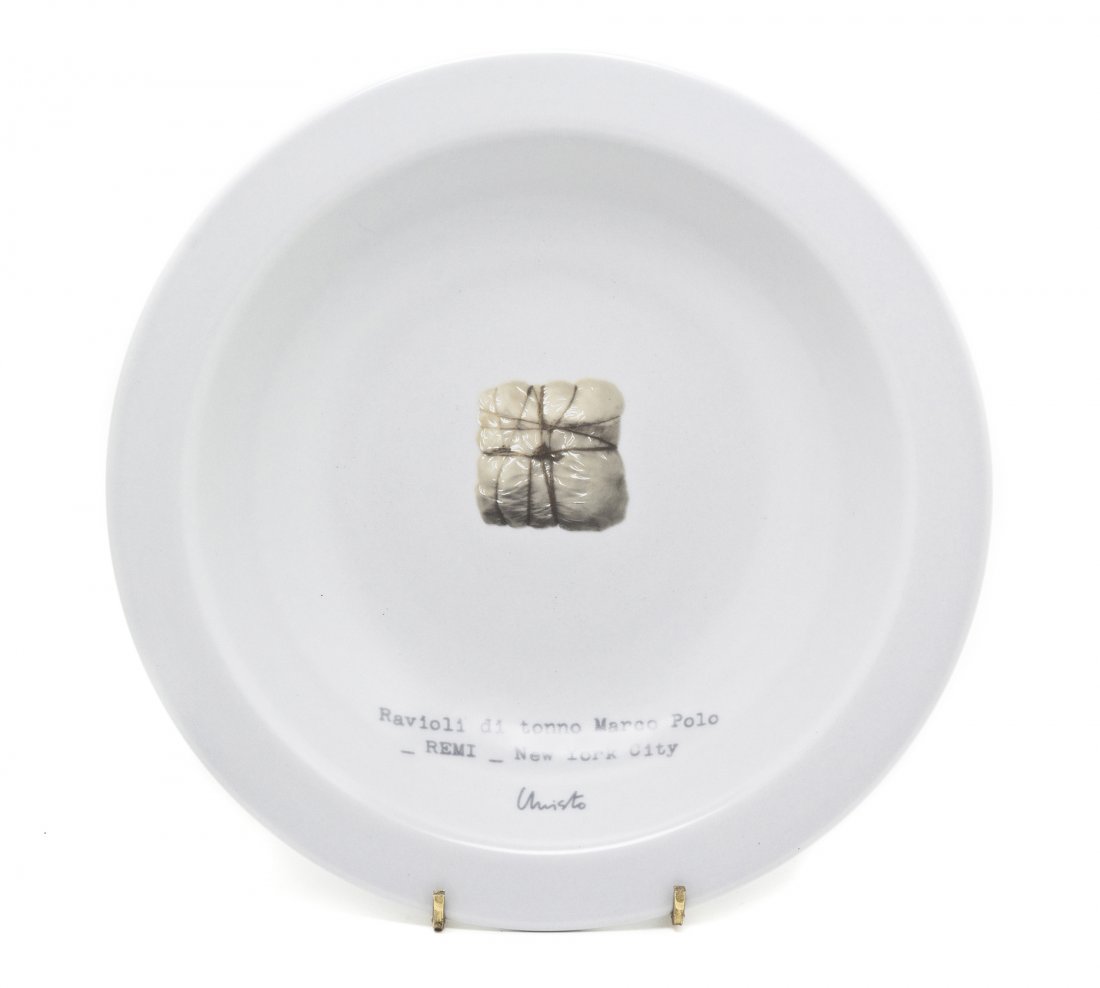 Christo and Jeanne-Claude, (Bulgarian/French, b. : Christo and Jeanne-Claude (Bulgarian/French, b. 1935) and (French, 1935-2009) Ravioli di tonno Marco Polo (white) glazed ceramic bowl, Buon Ricordo America, Inc. edition P.d.A.1998-XXVII/XXX Diameter: