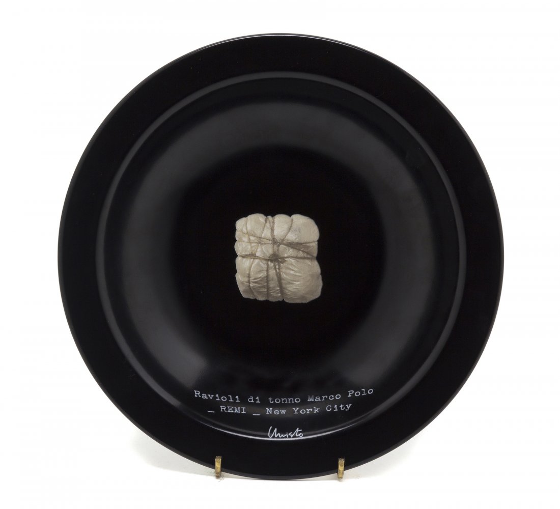 Christo and Jeanne-Claude, (Bulgarian/French, b. : Christo and Jeanne-Claude (Bulgarian/French, b. 1935) and (French, 1935-2009) Ravioli di tonno Marco Polo (black) glazed ceramic bowl, Buon Ricordo America, Inc. edition P.D.A.XVII/XXX Diameter: 10 in