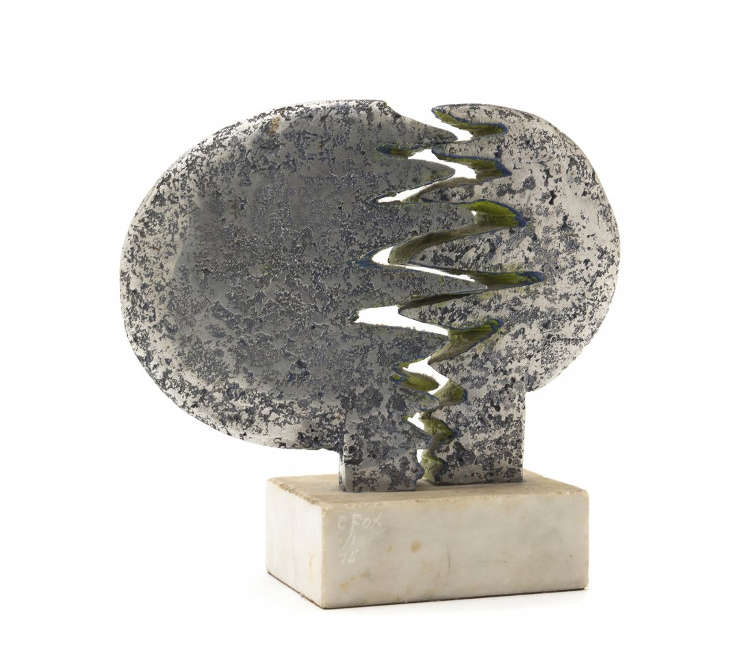 Christine Fox, (British, b. 1922), Double Moon, 1: Christine Fox (British, b. 1922) Double Moon, 1975 aluminum edition 1/1, inscribed C. Fox and dated Height: 6 inches, on 1 1/2 inch marble base. Property from the Estate of Mr. Leo He