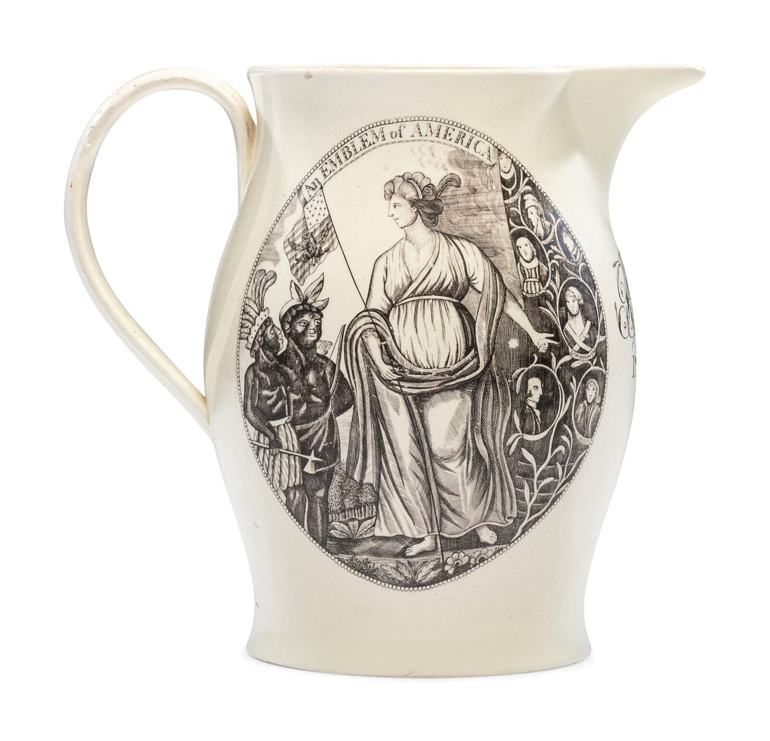 A Liverpool Transfer-Printed Creamware 'Emblem of America / Washington in Glory' Pitcher (1 of 5)